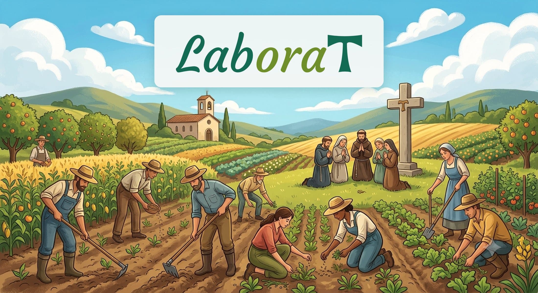 Laborat — pessoas trabalhando no campo e rezando diante da cruz Tau